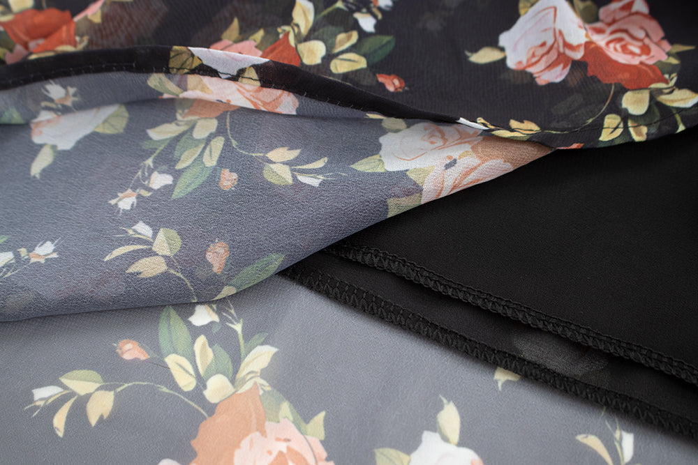 Black small flying sleeve slim floral long skirt 2025 new holiday style French retro dress R0048