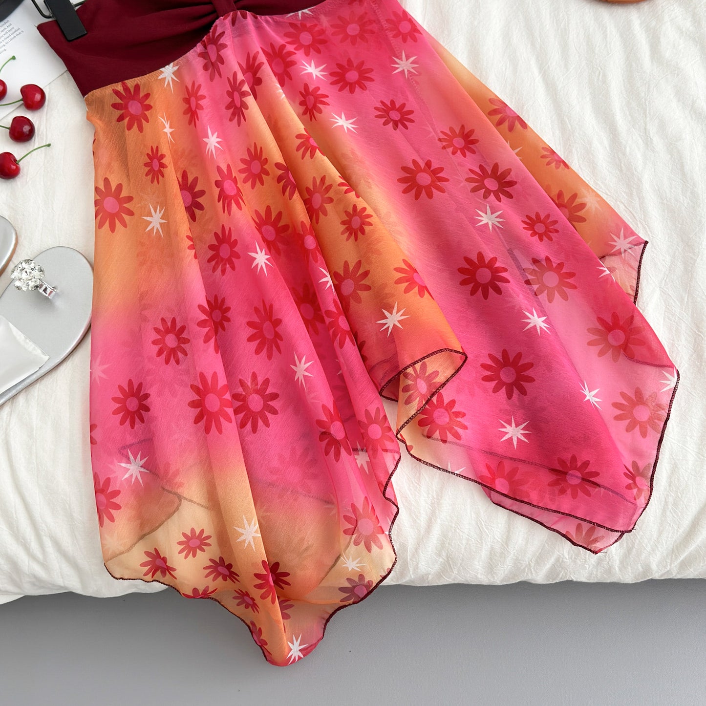 Red tube top halter neck dress 2025 new beach skirt irregular suspender top R0053