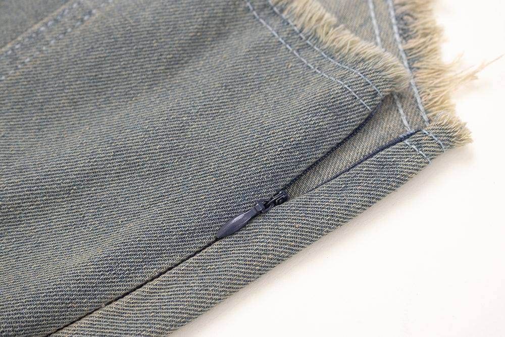 Fashion brand retro college style raw edge denim mid-length overalls all-match suspender dress R0072