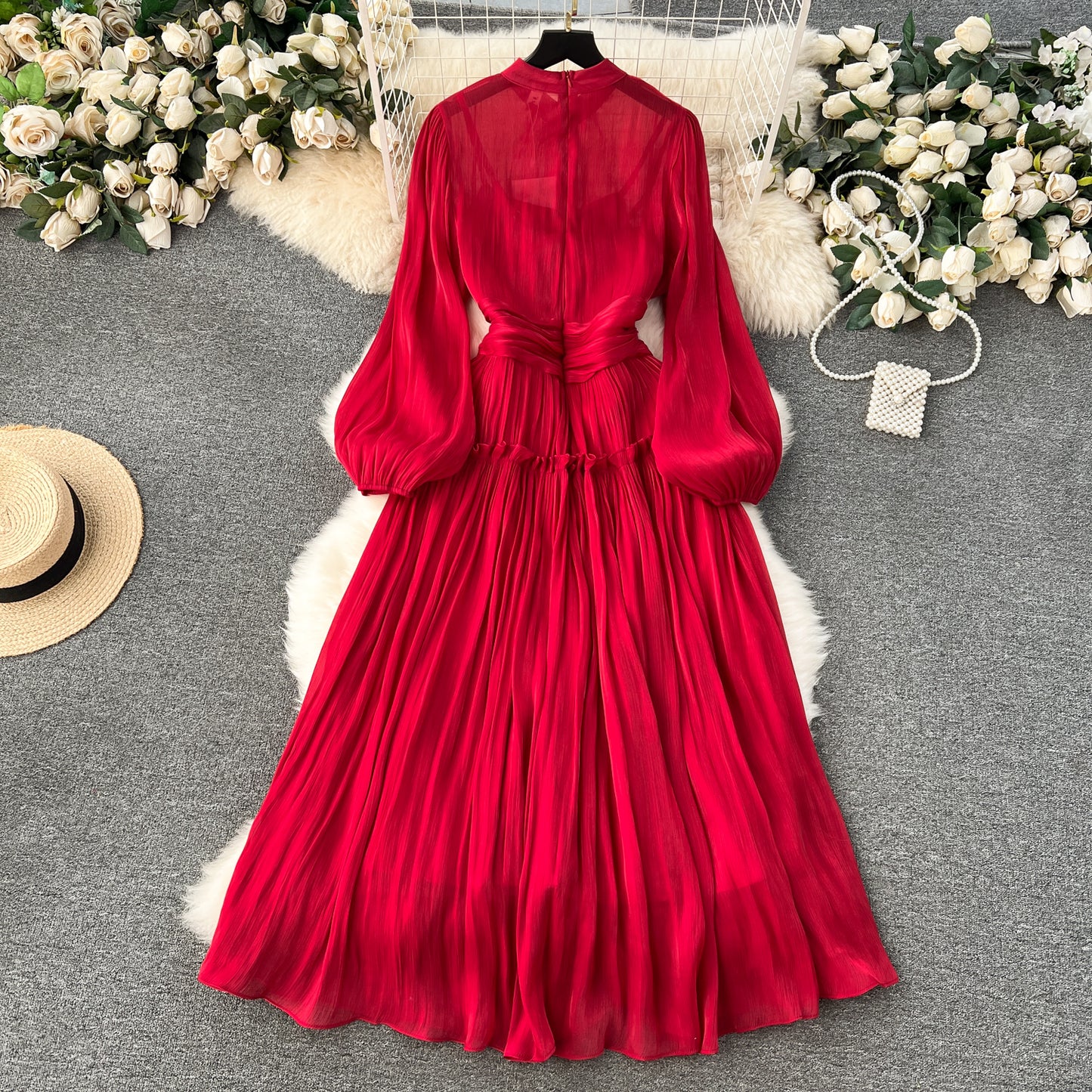 High-end dress 2025 new style stand-up collar pleated waist long puff sleeve dress R2143