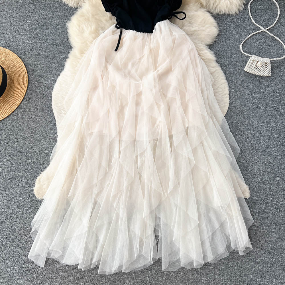 French style slim fit deep v sweet high waist long skirt cake beach skirt suspender dress R2142