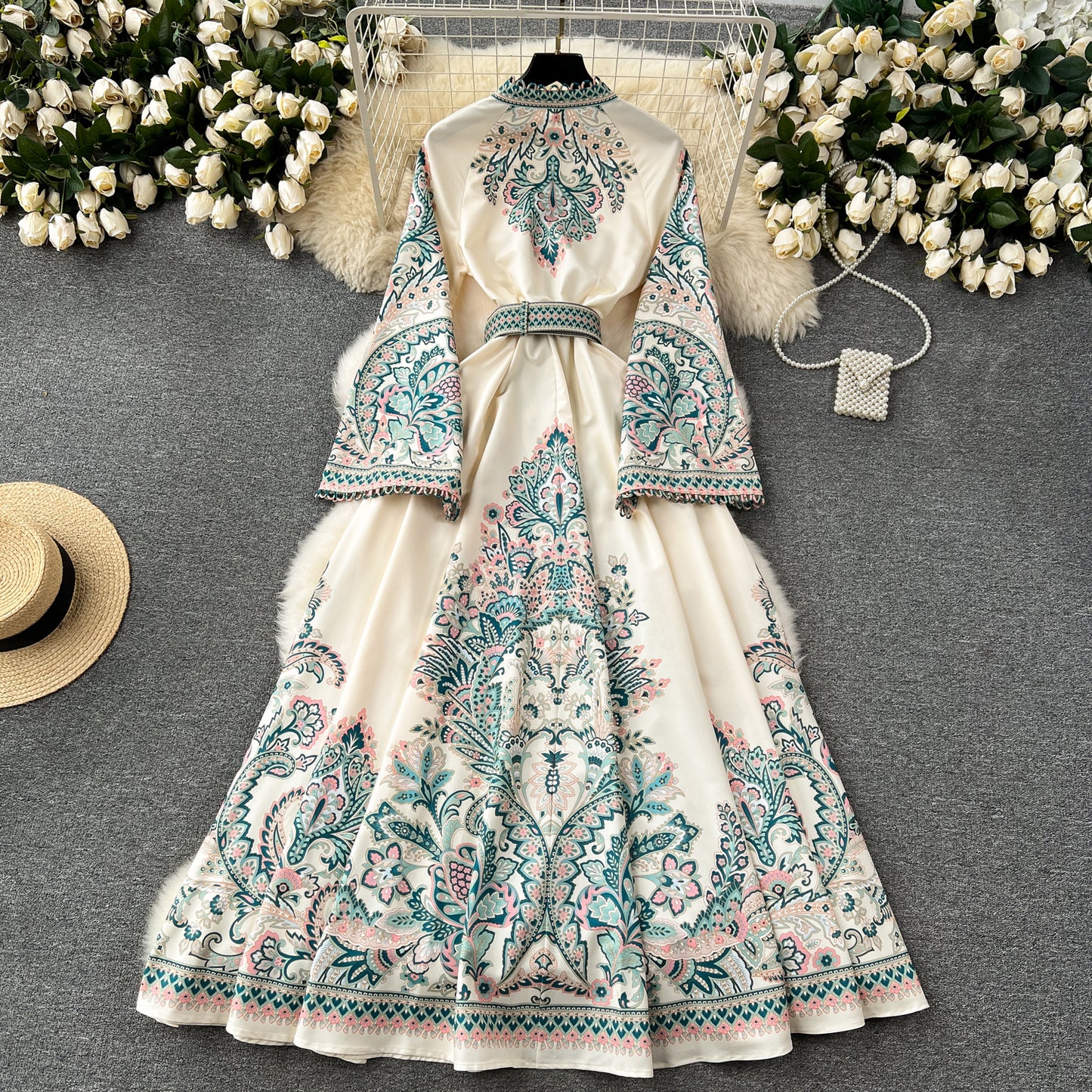 New retro printed round neck trumpet sleeve dress with large swing irregular pleated long skirt R2150