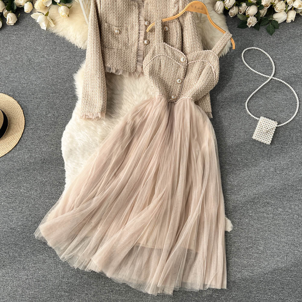 Chanel style high-end suit short cardigan jacket suspenders mesh dress two-piece suit R2145