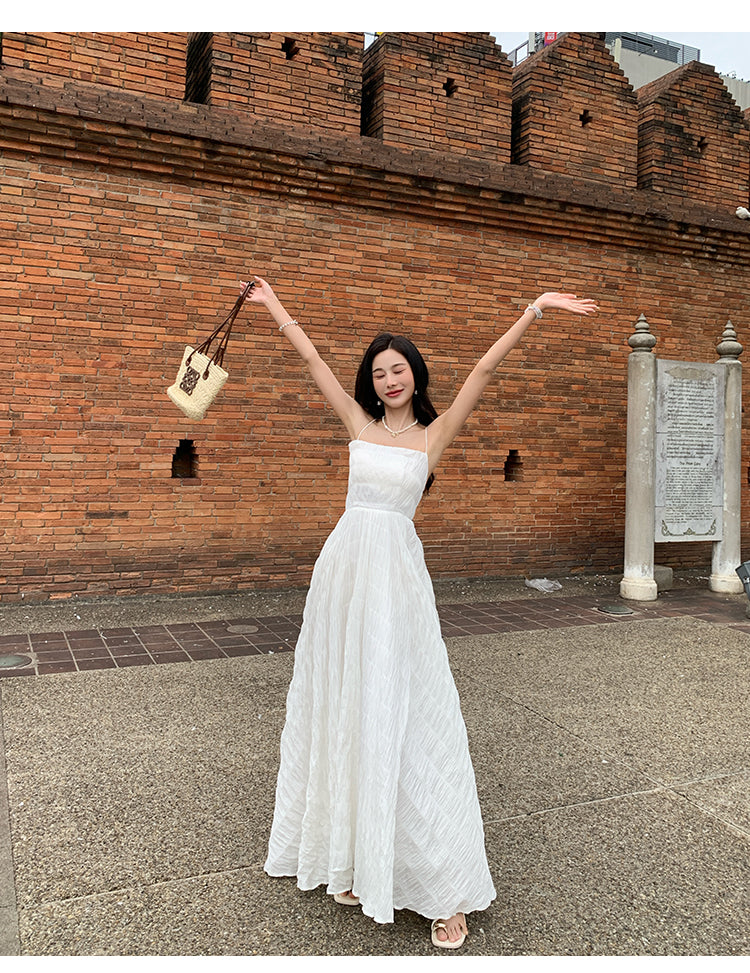 Beach dress suspenders backless dress temperament long skirt holiday style R1565