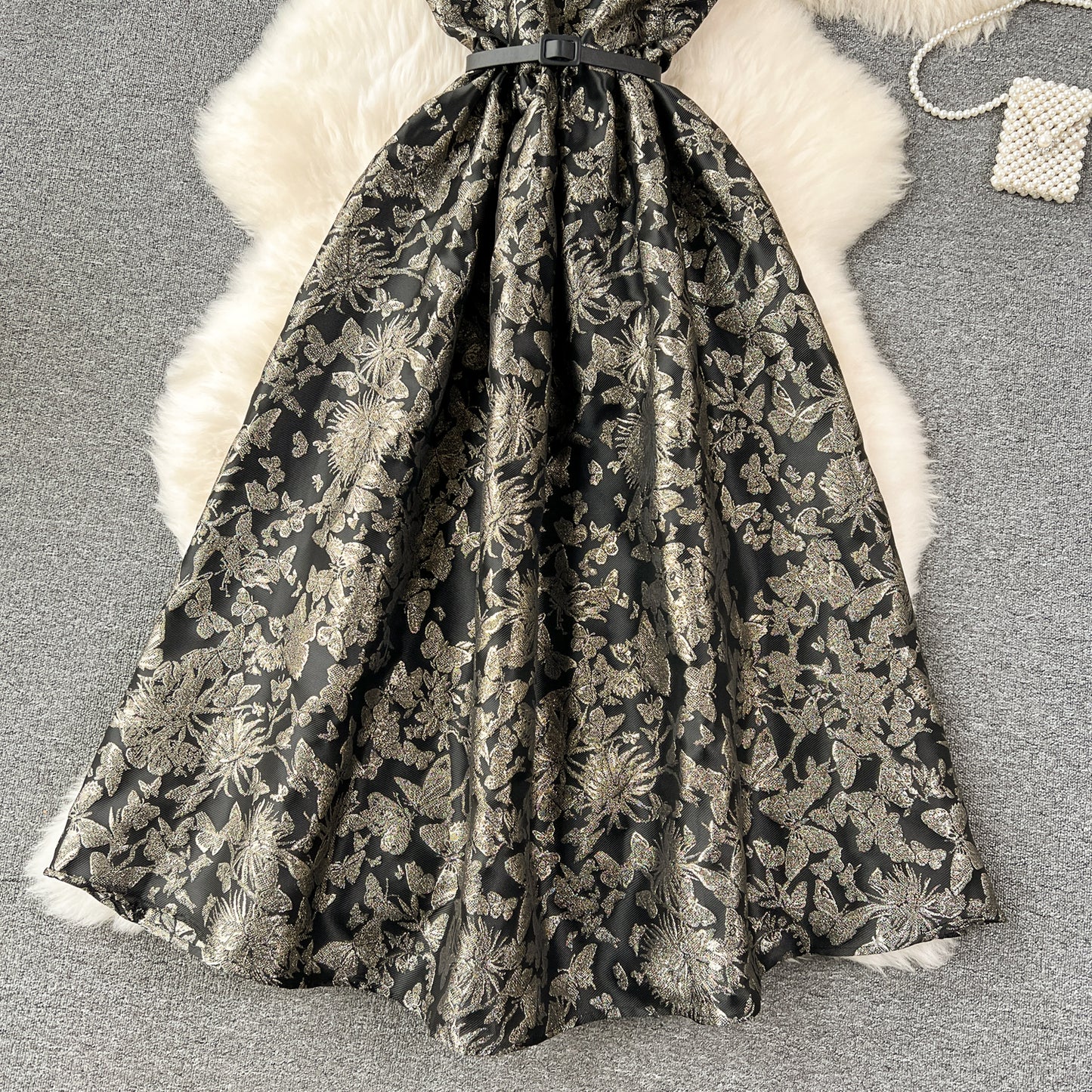 High-end dress palace style French retro jacquard big swing skirt temperament waist vest dress R2290