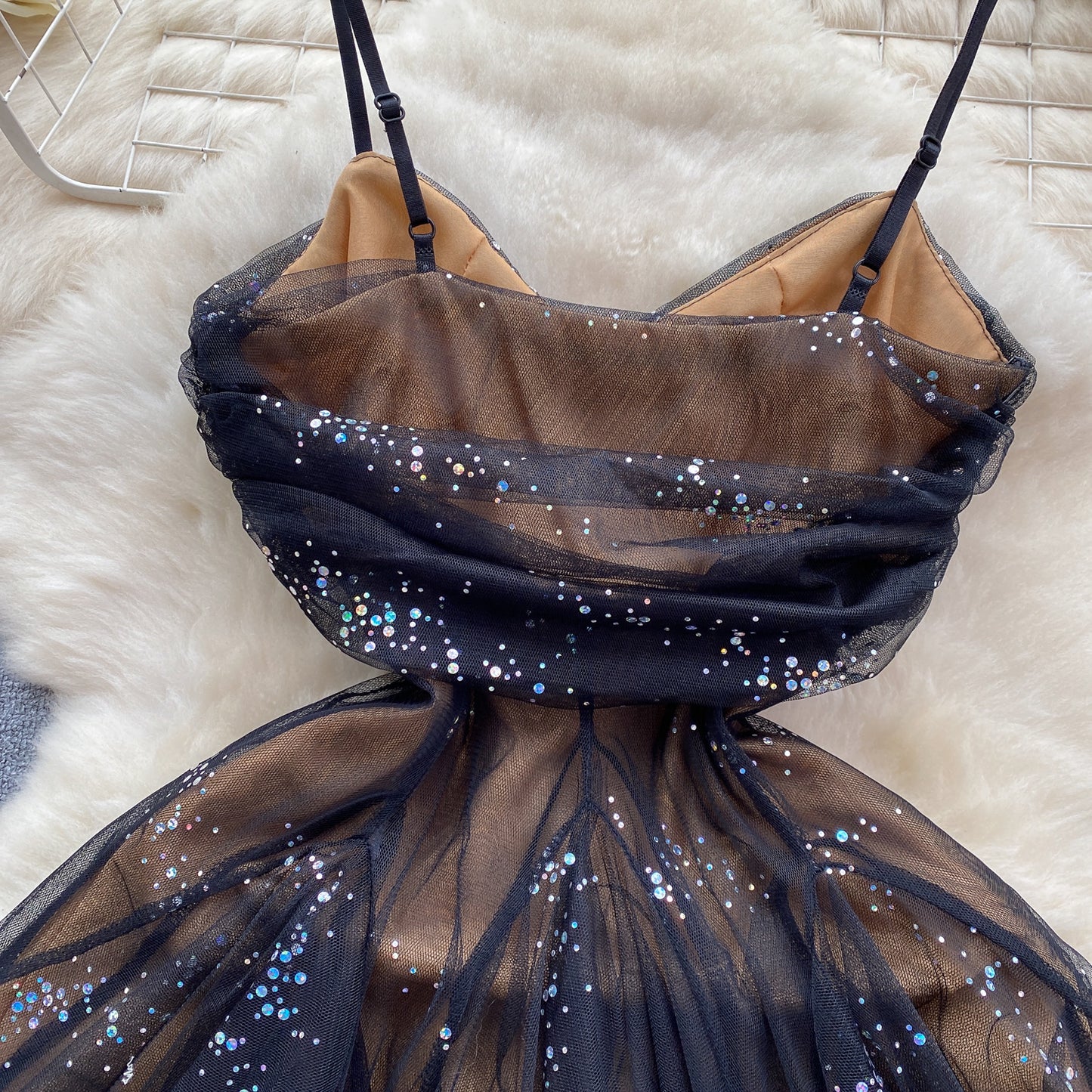 French style sweet little dress with pleated mesh suspenders R2291