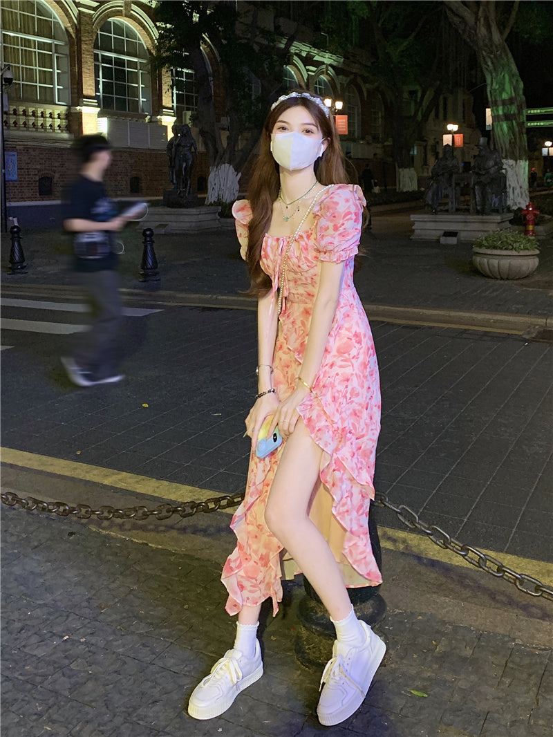 Tea break French seaside vacation chiffon floral dress 2025 new waist slit irregular long skirt R0104