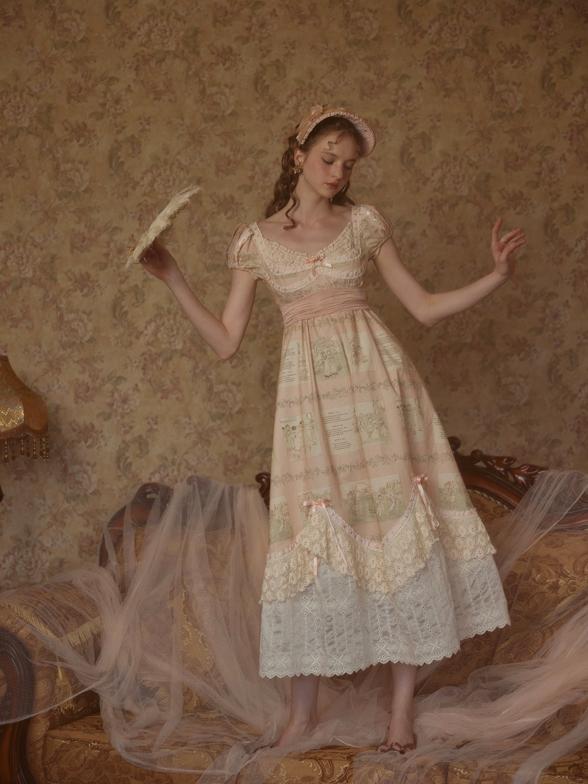 French court style empire dress printed lace dress cotton R5072