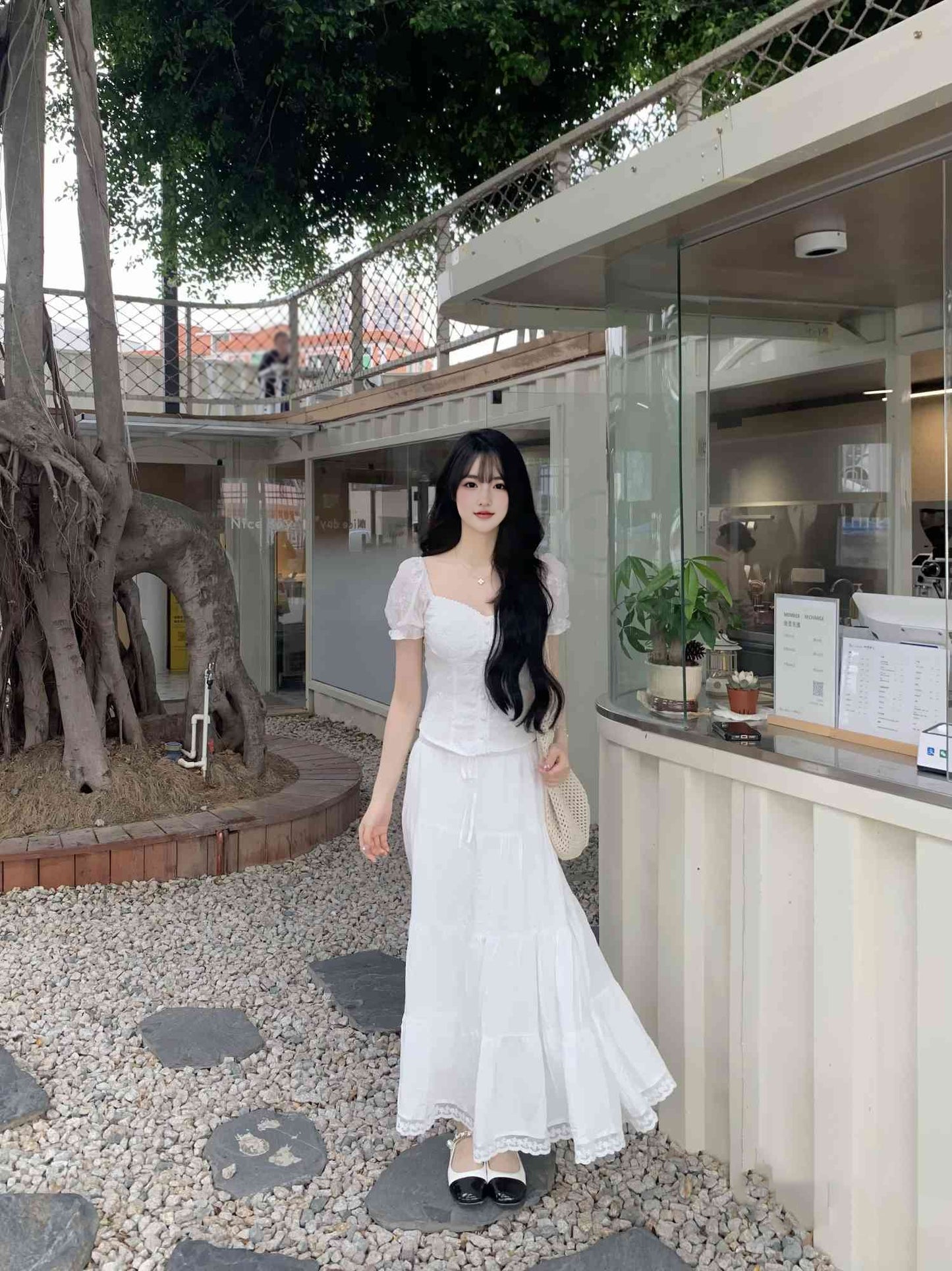 Summer beautiful outfit set white one shoulder top a line skirt two piece set R0854
