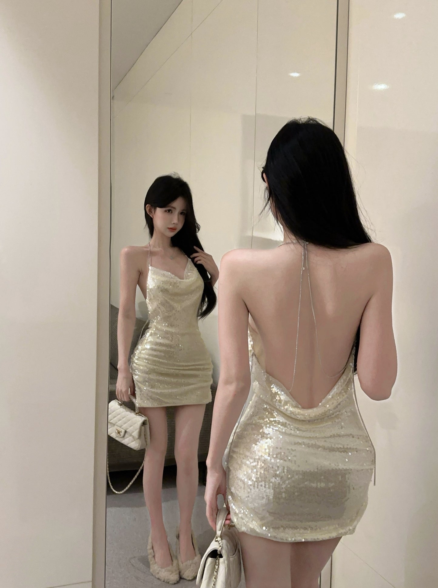 High-end halter neck open back sequined dress sexy high waist temperament slim fit dress R3794