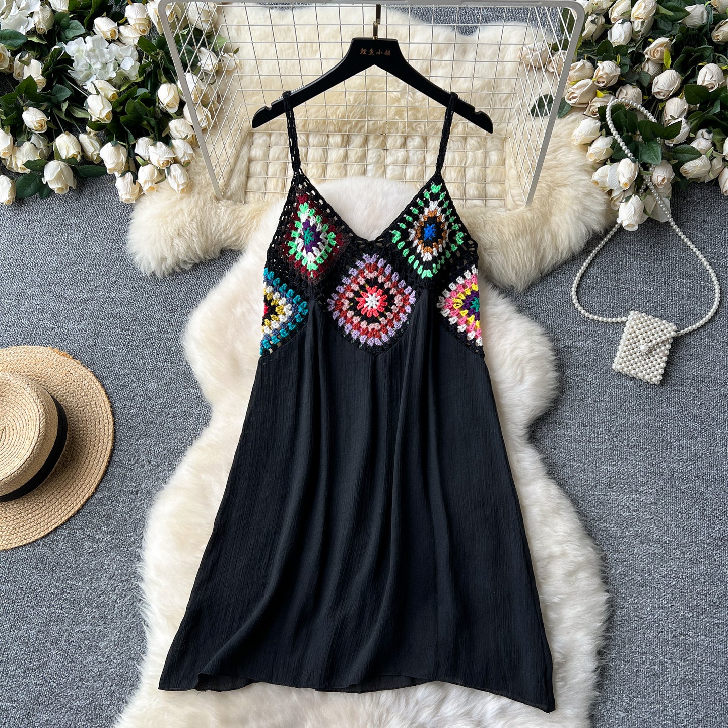 Bohemian holiday style suspender dress hollow color crochet stitching loose a-line beach skirt R2191