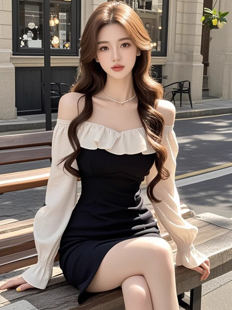 Pure contrast color ruffled one-shoulder dress new style waist slimming hip skirt R3394