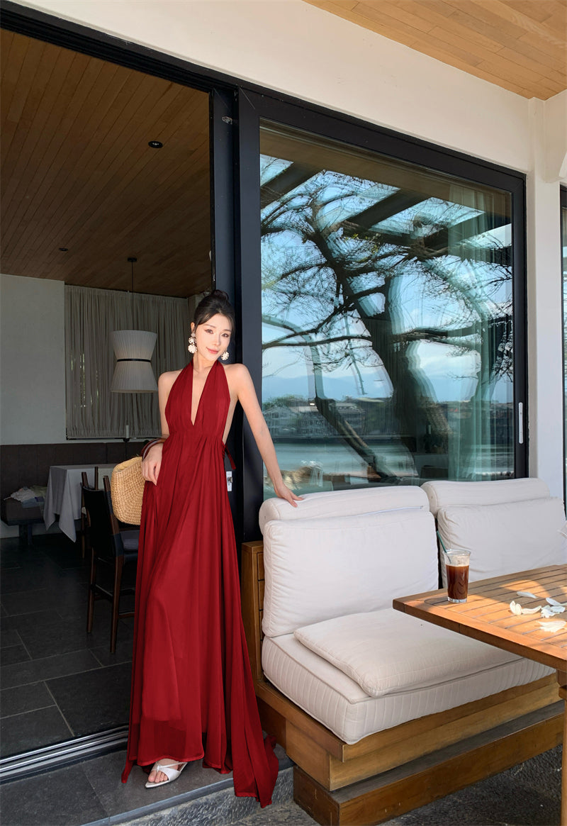 Gentle temperament V-neck halter dress unique waist A-line beach dress R0576