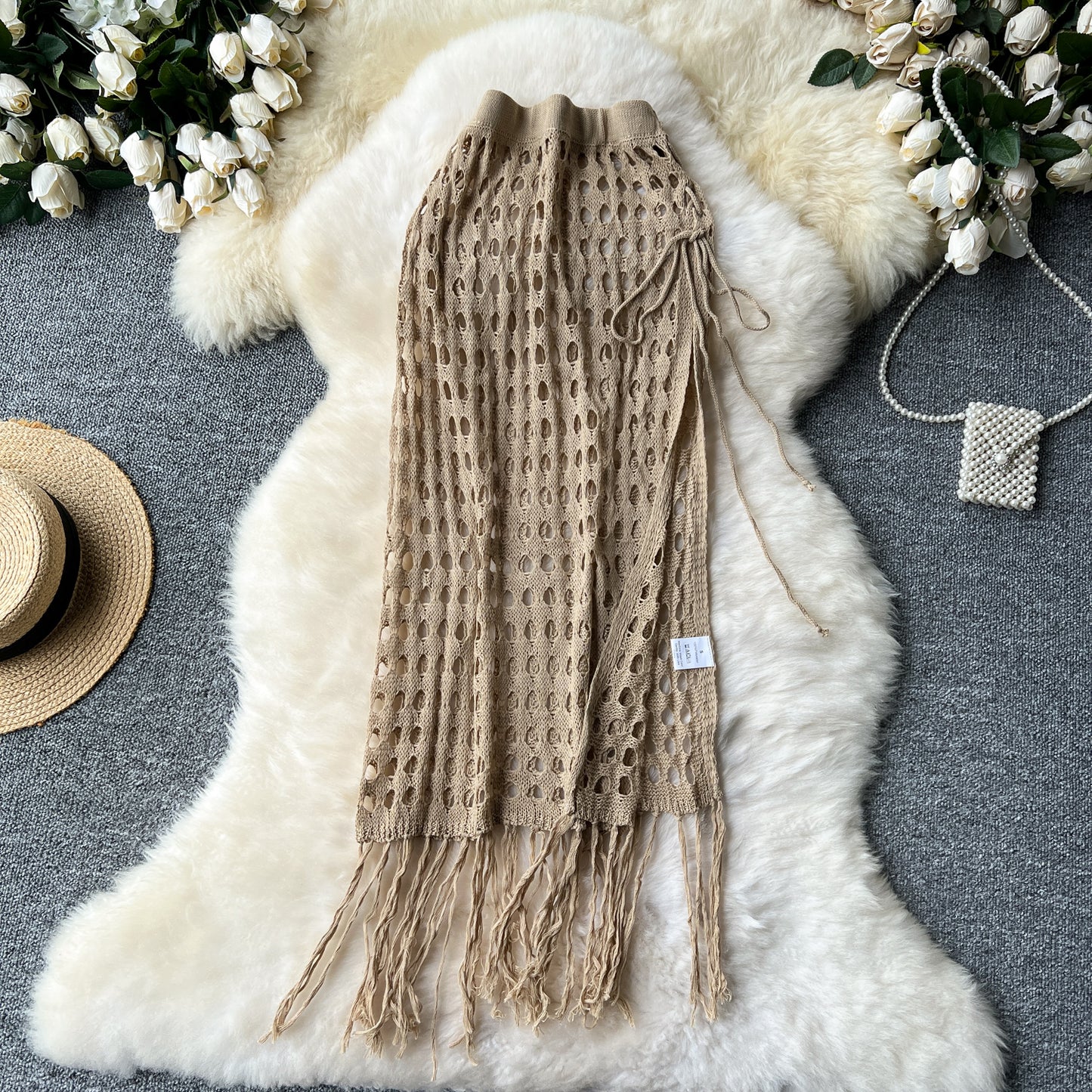 Sexy holiday hollow mesh skirt slit lace up outer knitted tassel beach skirt R2192