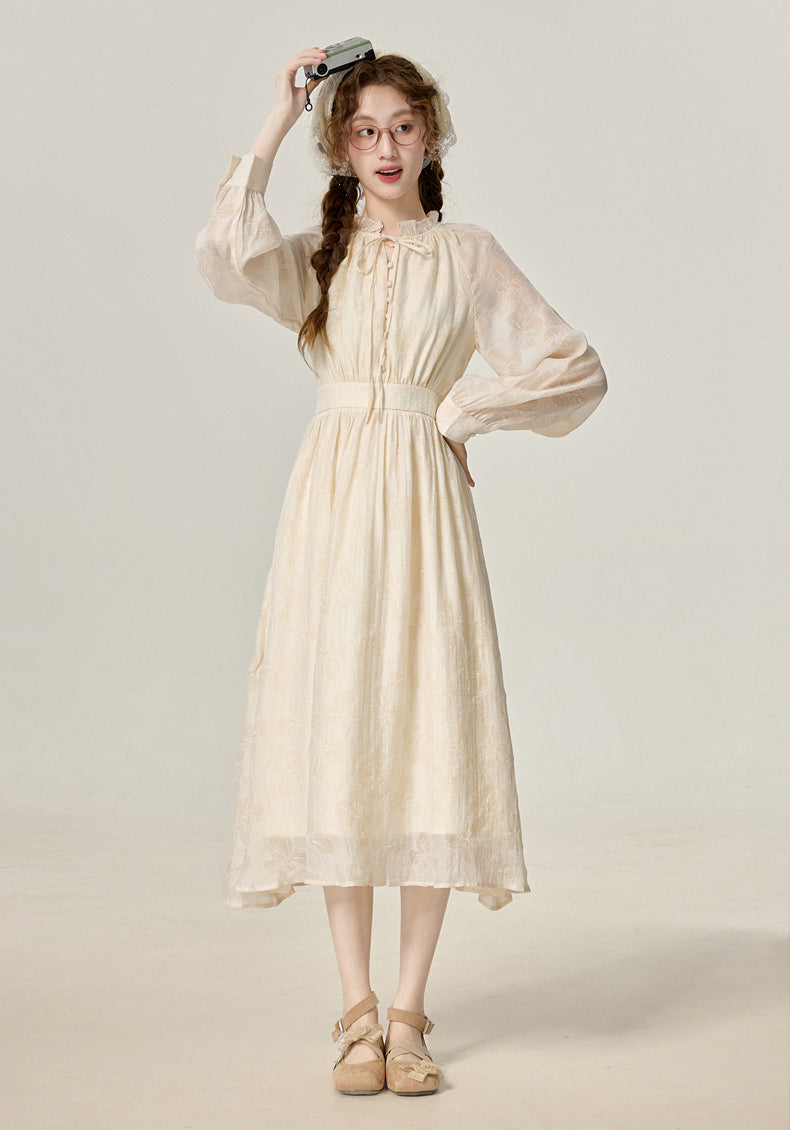 French gentle style apricot long sleeve dress women's new waist skirt R1971