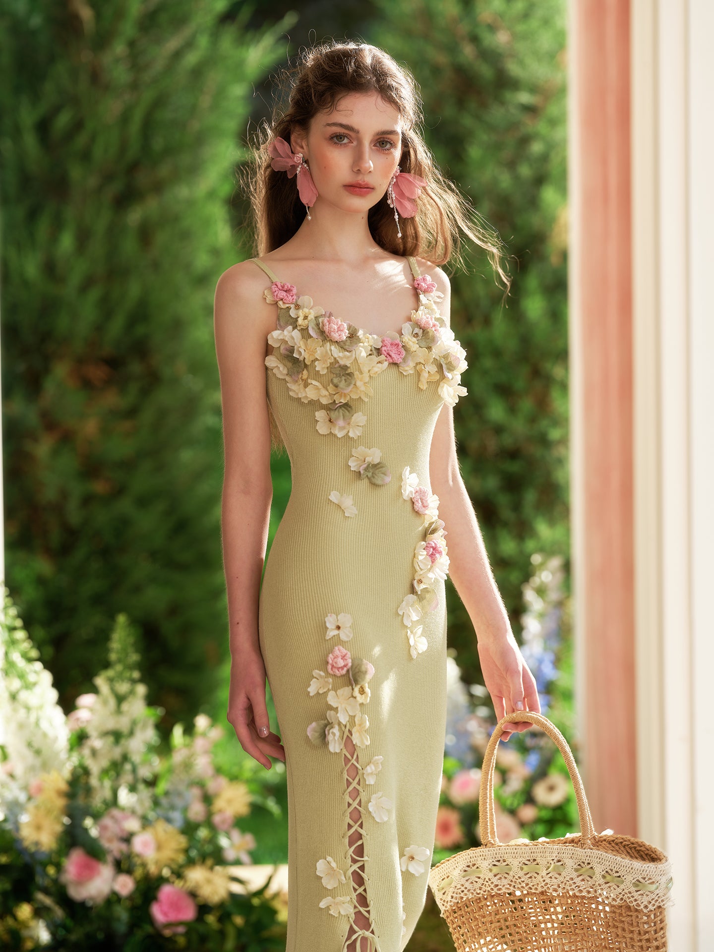 French heavy design flower wool knitted suspenders green slit dress R5112