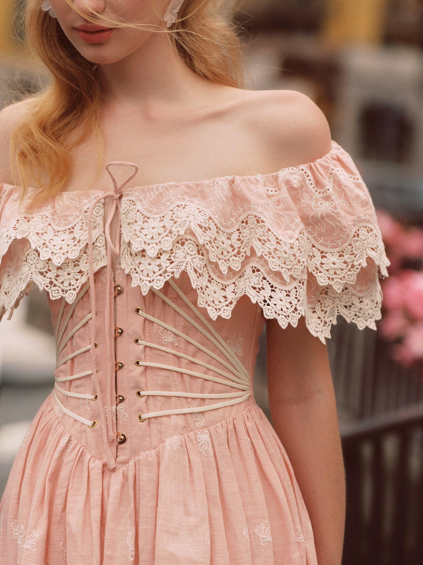 Pink Champagne French Embroidered Fishbone Dress Pink Hollow One Shoulder Maxi Dress R5111