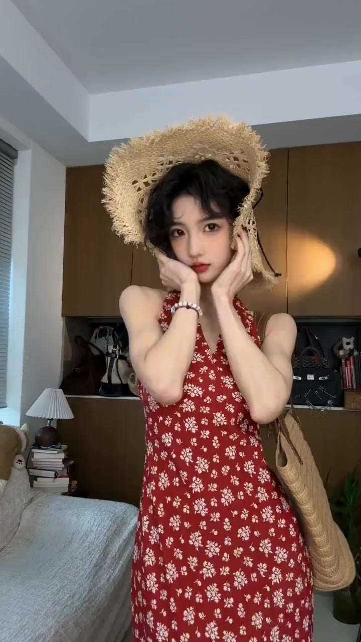 Retro red v-neck floral halter dress with waist and backless beautiful temperament long dress R0698