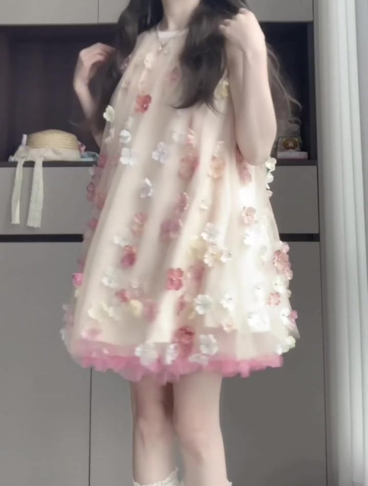 Gentle and sweet style flower off-shoulder halter dress beautiful loose A-line skirt R0798