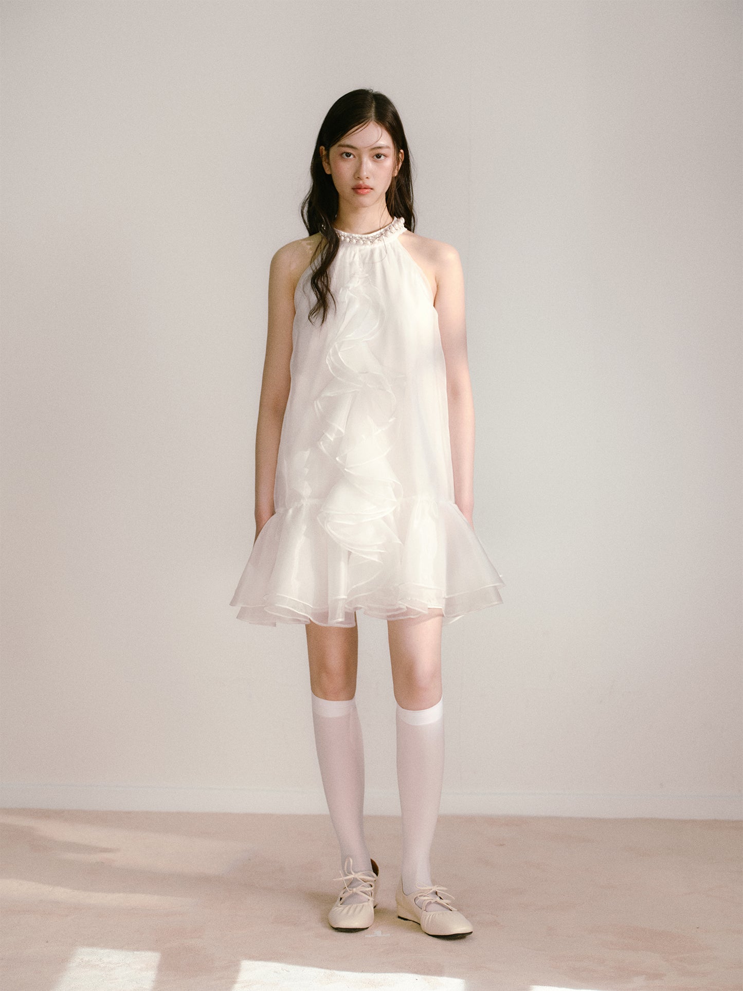 Moonlight White Layered Organza Tie-Up Bow Pearl Neck Tutu Dress R5126