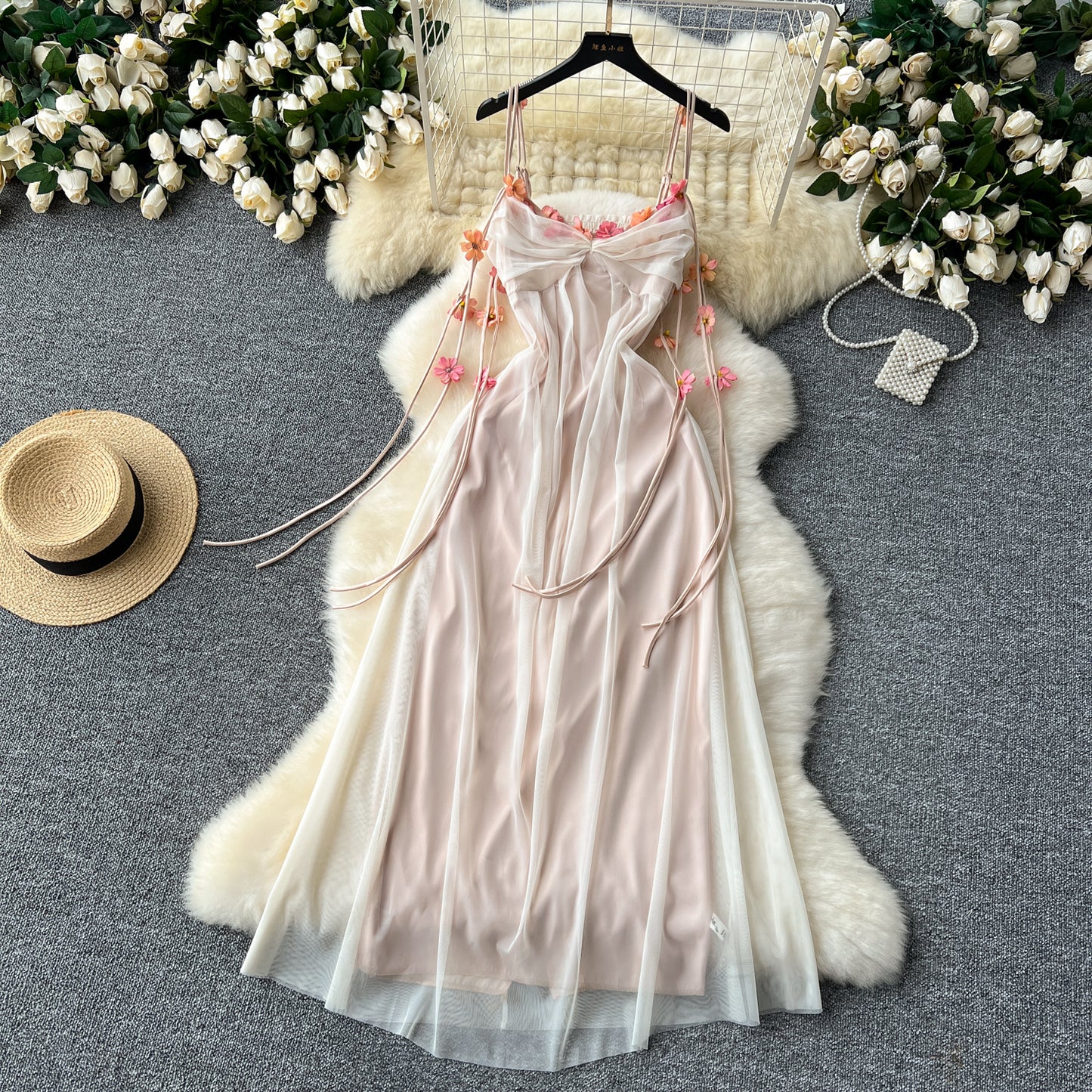 Holiday dress three-dimensional flower mesh high waist slim long skirt suspender skirt R2342