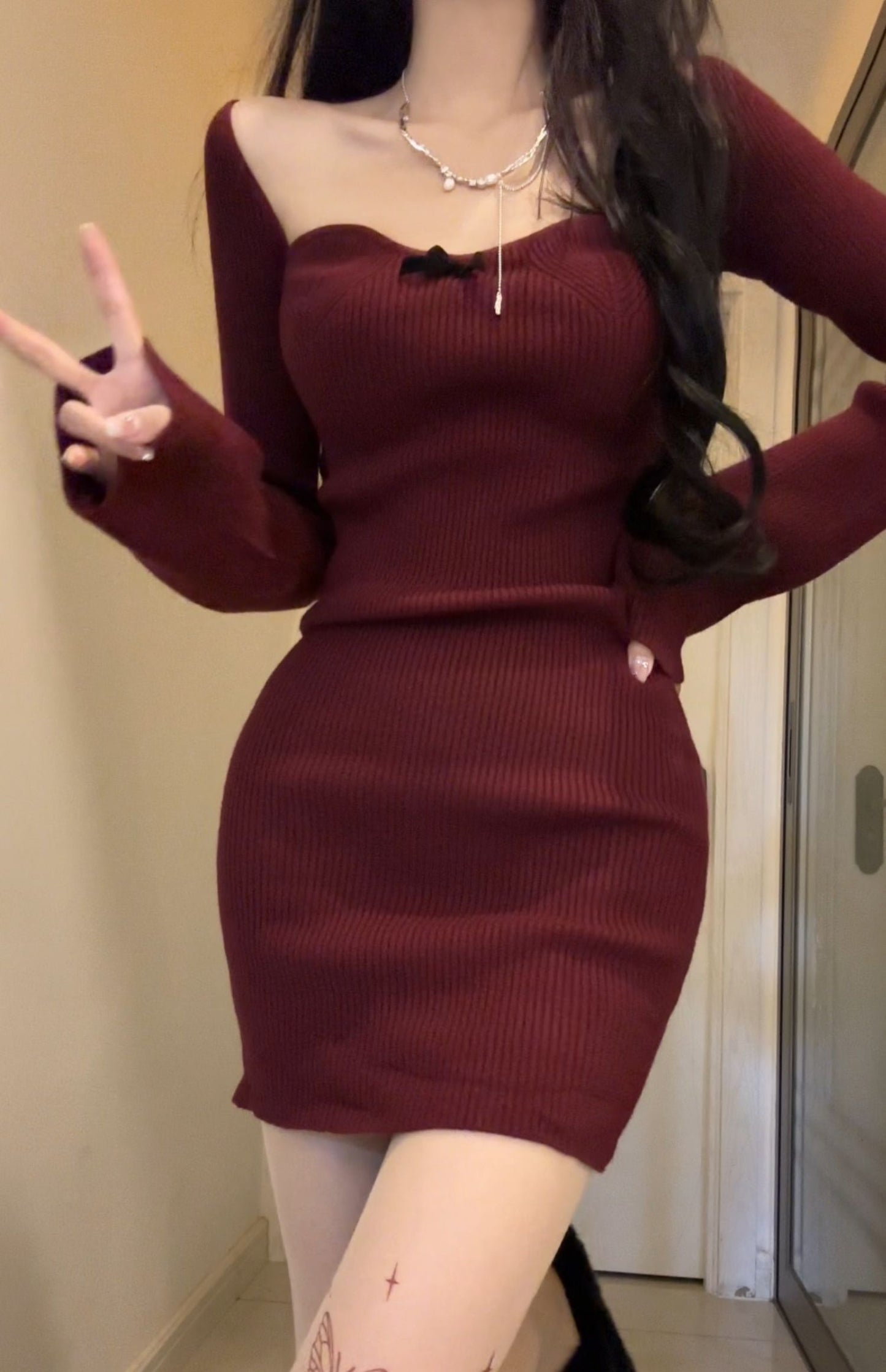 Slim Sexy Square Neck Bottom Sweater Dress Knitted Dress Red Hip Skirt R0147