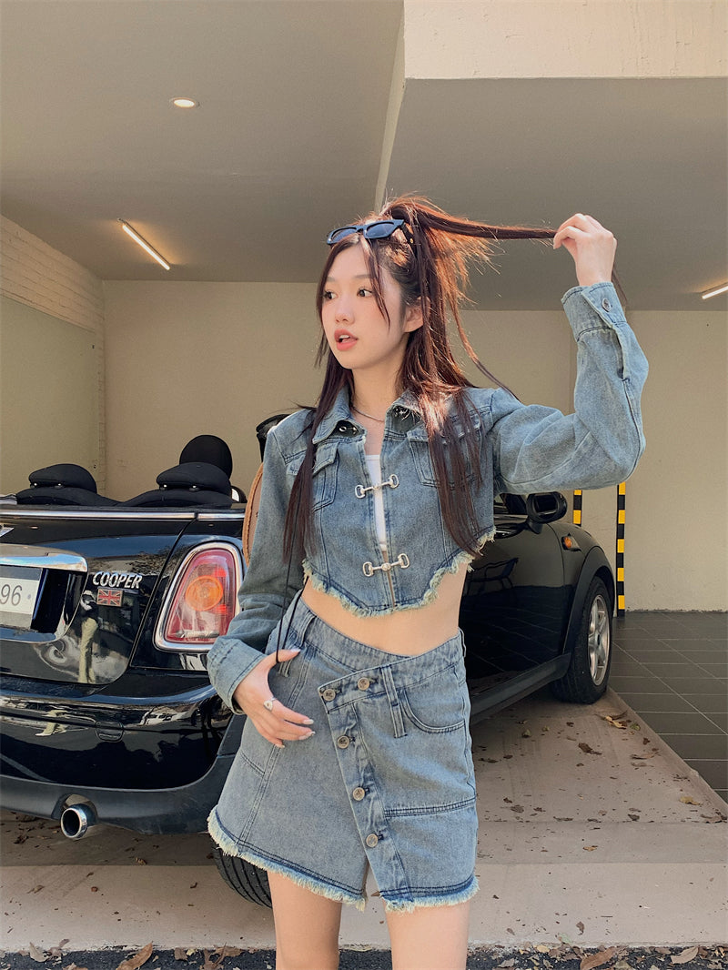 High-end design long-sleeved jacket retro hot girl short skirt American street slim denim suit R0144