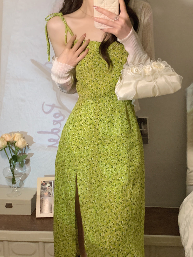 Green suspender skirt 2025 new seaside holiday design floral slit dress R0078