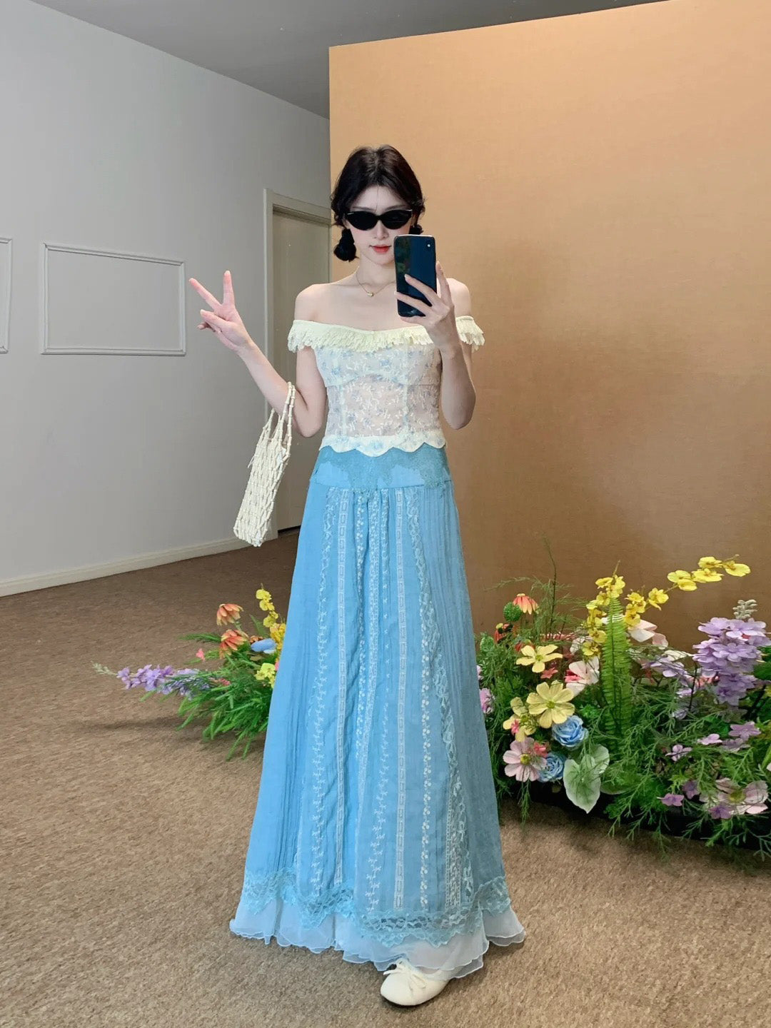 Summer gentle temperament vacation one shoulder top a line skirt two piece set R0852