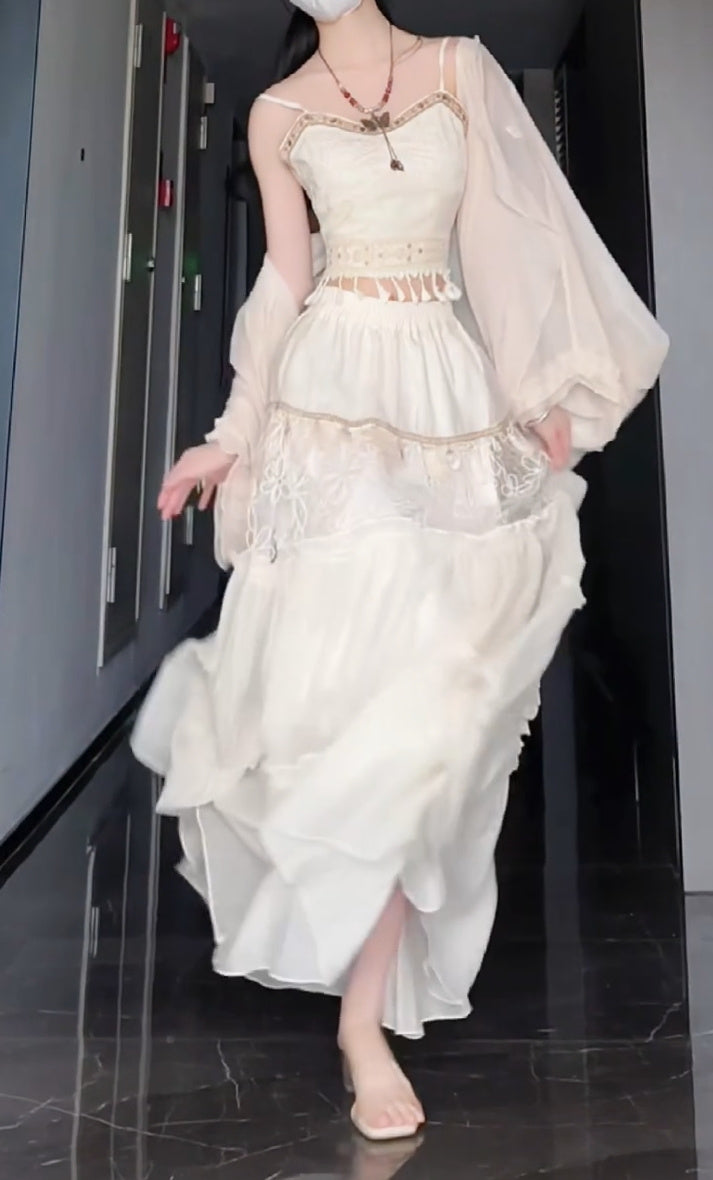 Set Retro Suspender Top Knitted Cardigan Tassel Skirt Three-piece Set R0525