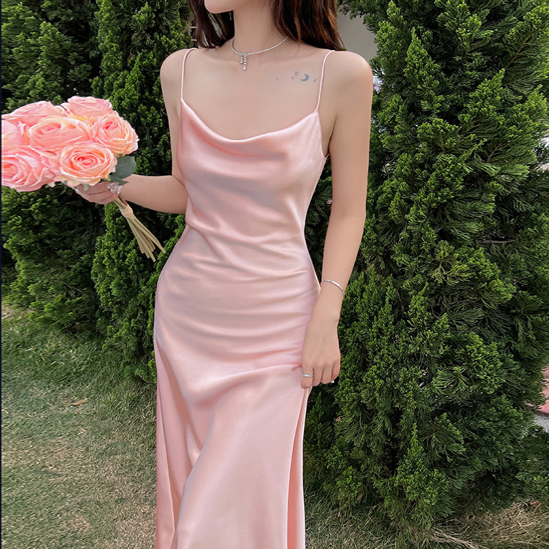 High-grade acetate satin silk dress slim sexy gentle girl pink inner suspender skirt R0990