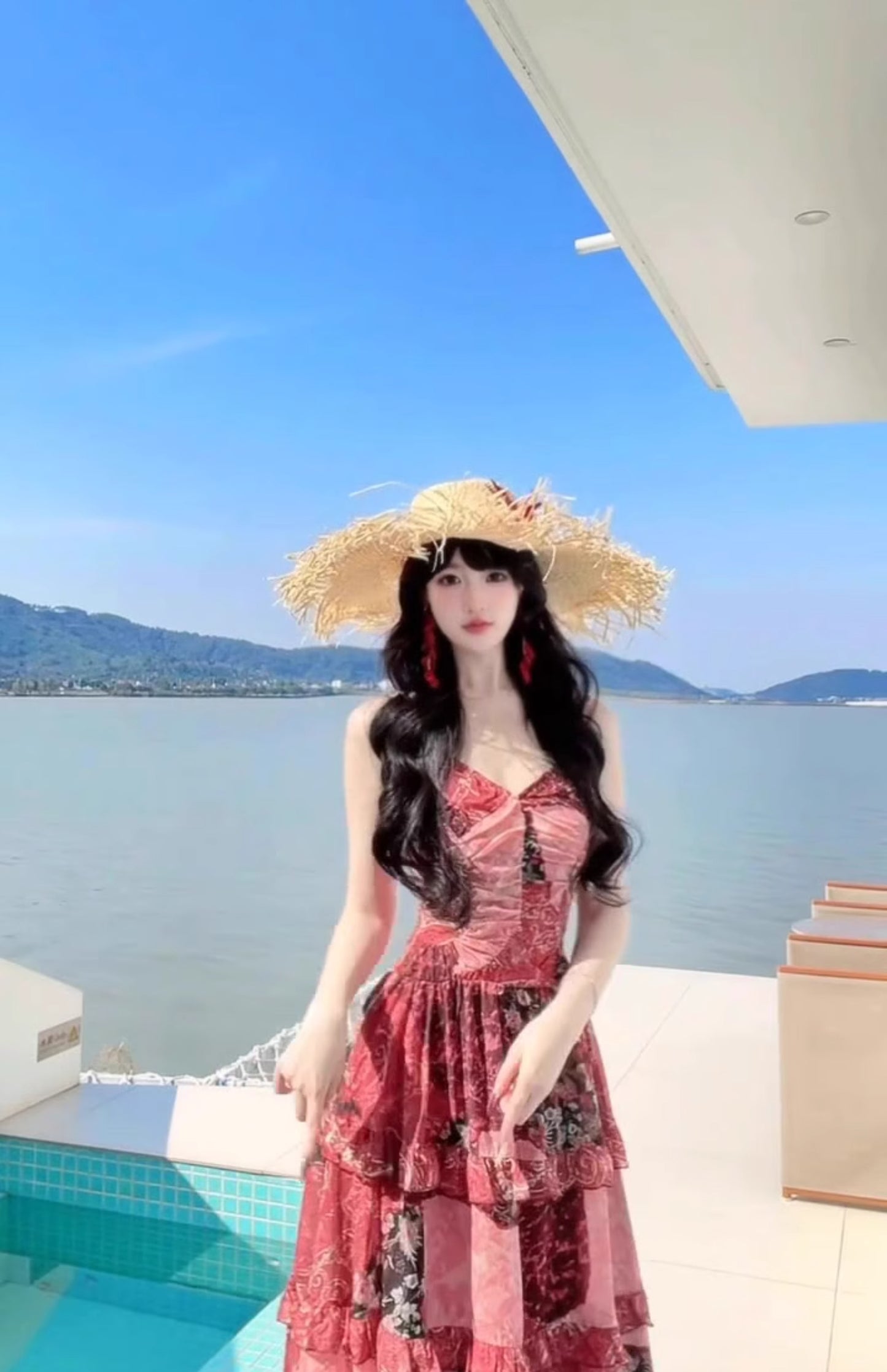 Retro floral suspender dress beautiful waist temperament long skirt R0610