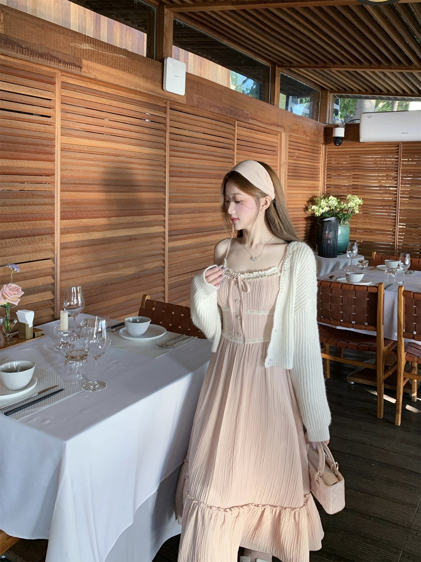 Gentle fairy nude pink lace sling long skirt dress R3872