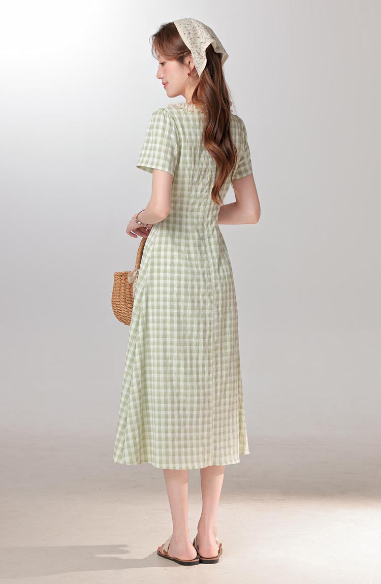 Summer fresh and sweet green plaid dress for women with waist-length dress R1964