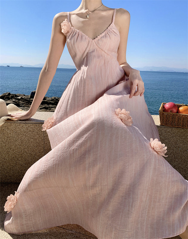 Pink flower suspender dress beautiful small skirt temperament long skirt R0521