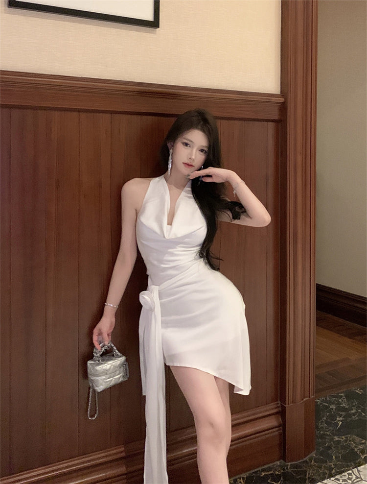 Irregular design white satin halter neck dress sexy backless slim temperament skirt R1811