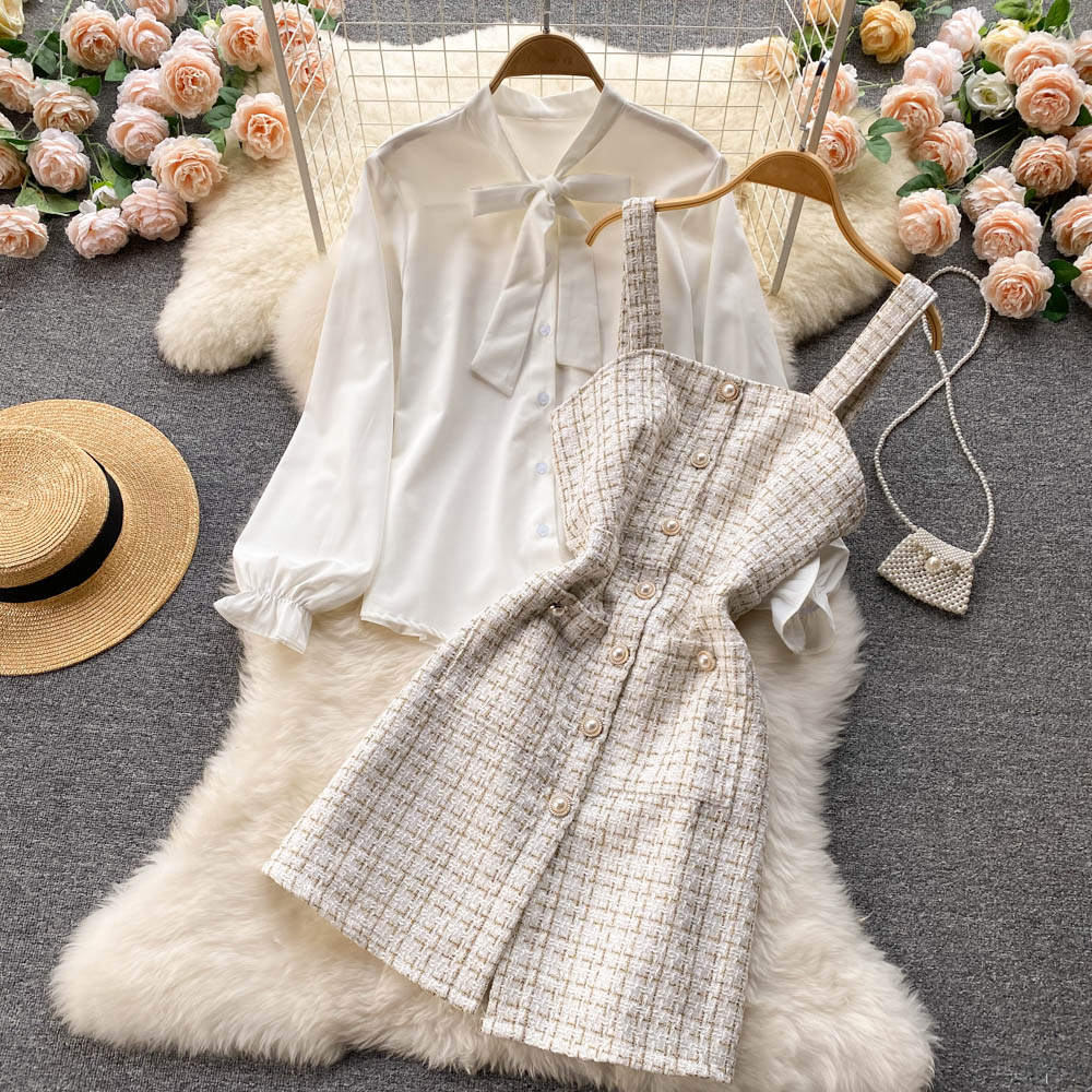 Temperament bow tie long-sleeved white shirt two-piece suit plaid suspender dress R2340