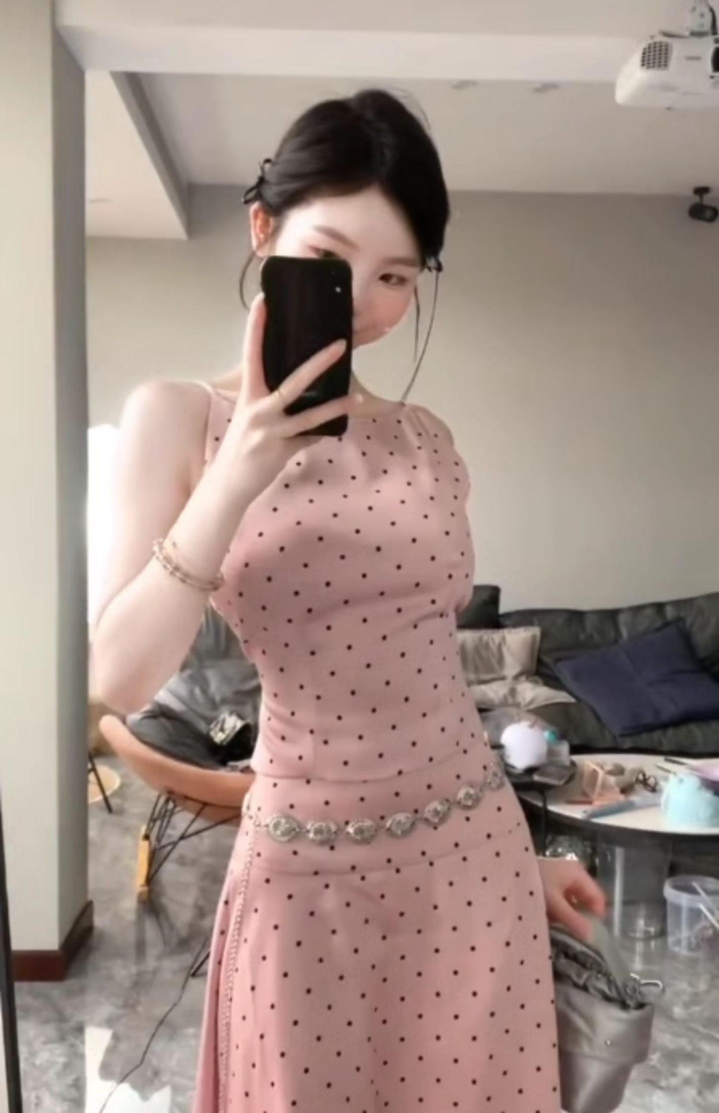 A complete set of backless polka dot suspender top and skirt, salty and mature two-piece suit new style R0445