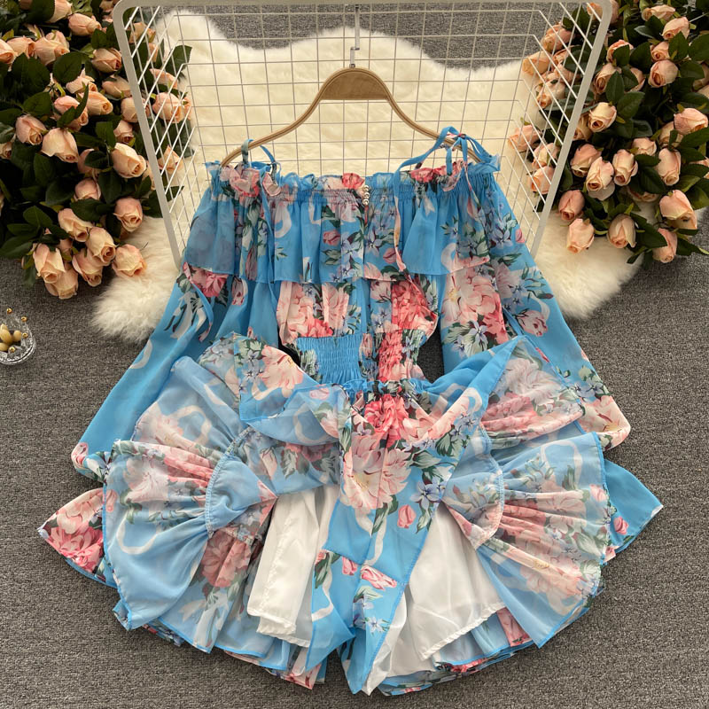 Holiday style jumpsuit with off-shoulder puff sleeves and slim fit short chiffon print dress pants R2324