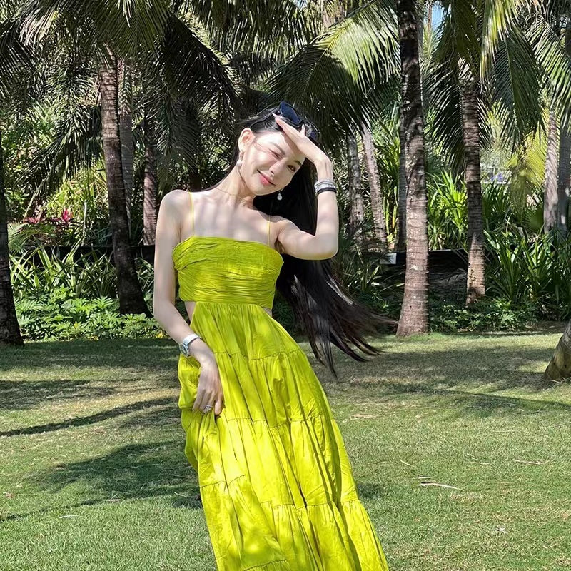 Travel suspenders with exposed waist dress, slim beach dress, holiday waist long skirt R1586