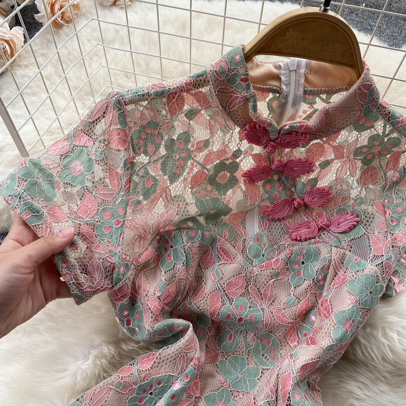 New retro embroidery print improved girl dress short sleeve slit hip cheongsam R2287