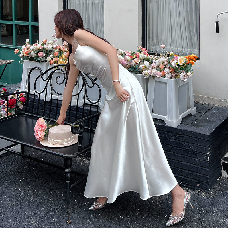 High-grade acetate silk satin white suspender dress mid-length bottoming skirt inner wear R0982