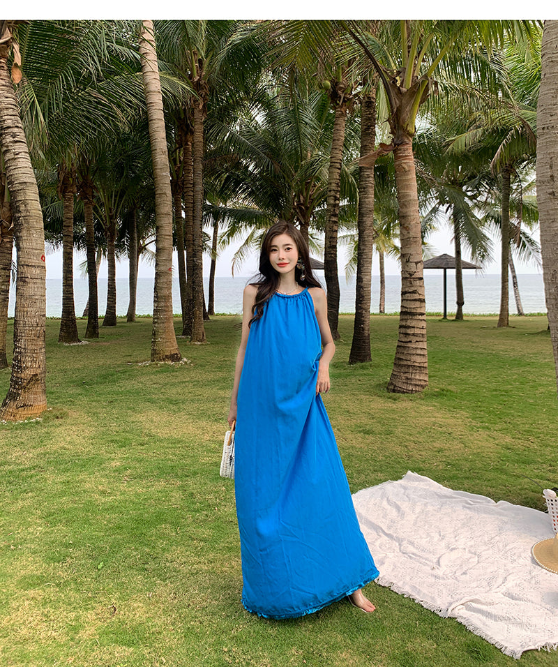 Klein blue sleeveless suspender dress loose lazy style seaside holiday atmosphere dress R1633