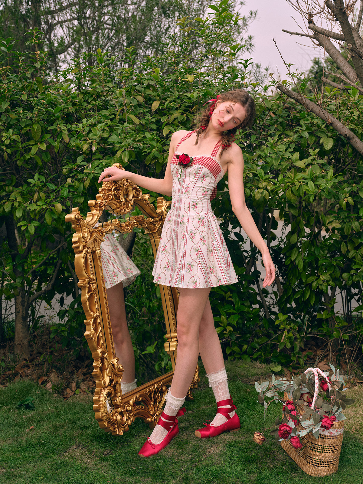 French pastoral red halter dress short petite homecoming dress R5152