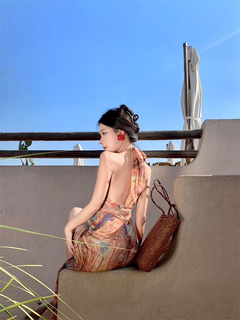 Beach dress for vacation, slim and sexy, backless, halter neck, high slit dress R1612