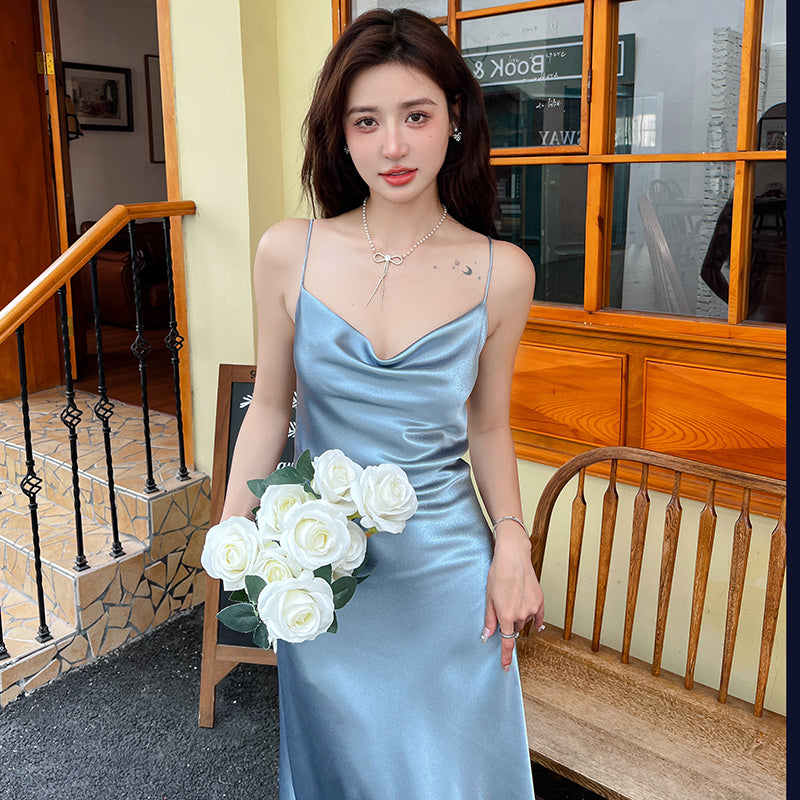 High-grade silk suspender dress for women, medium-length satin slim-fitting maxi dress R0981