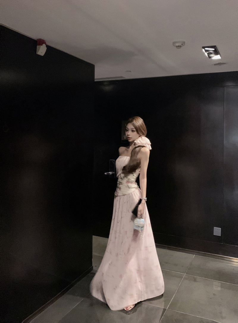 Gentle style pink floral hollow one-shoulder dress with waist A-line long skirt R0612