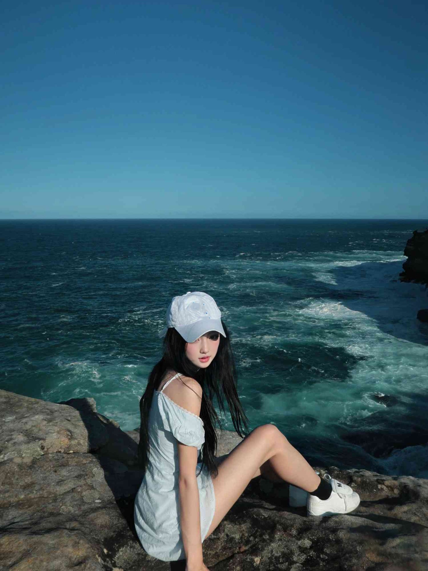 Gentle blue short-sleeved dress with elegant waist A-line short skirt R0828