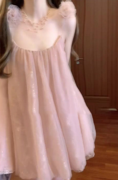 Gentle temperament pink mesh suspender dress high-grade loose A-line short skirt R0820