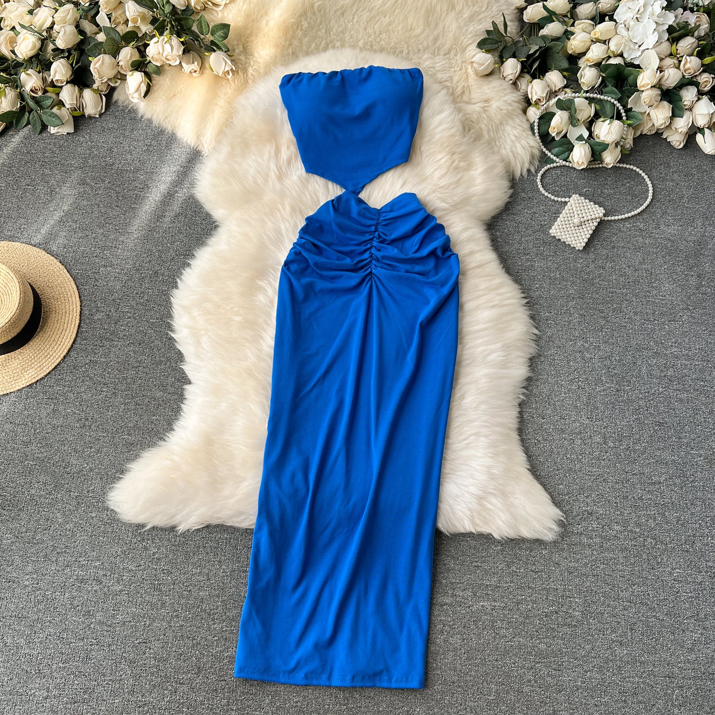 Hot girl style tube top short versatile pleated slim skirt fashionable two-piece skirt suit R2239